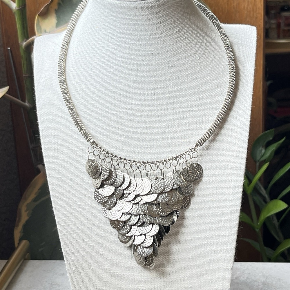 Vintage Boho Coin Bib Adjustable Choker Necklace Silver Tone Statement Fringe